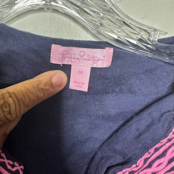 Lilly Pulitzer Blue Linen Top M Pink Embroidered Boho Resort Style Summer - Picture 4 of 10